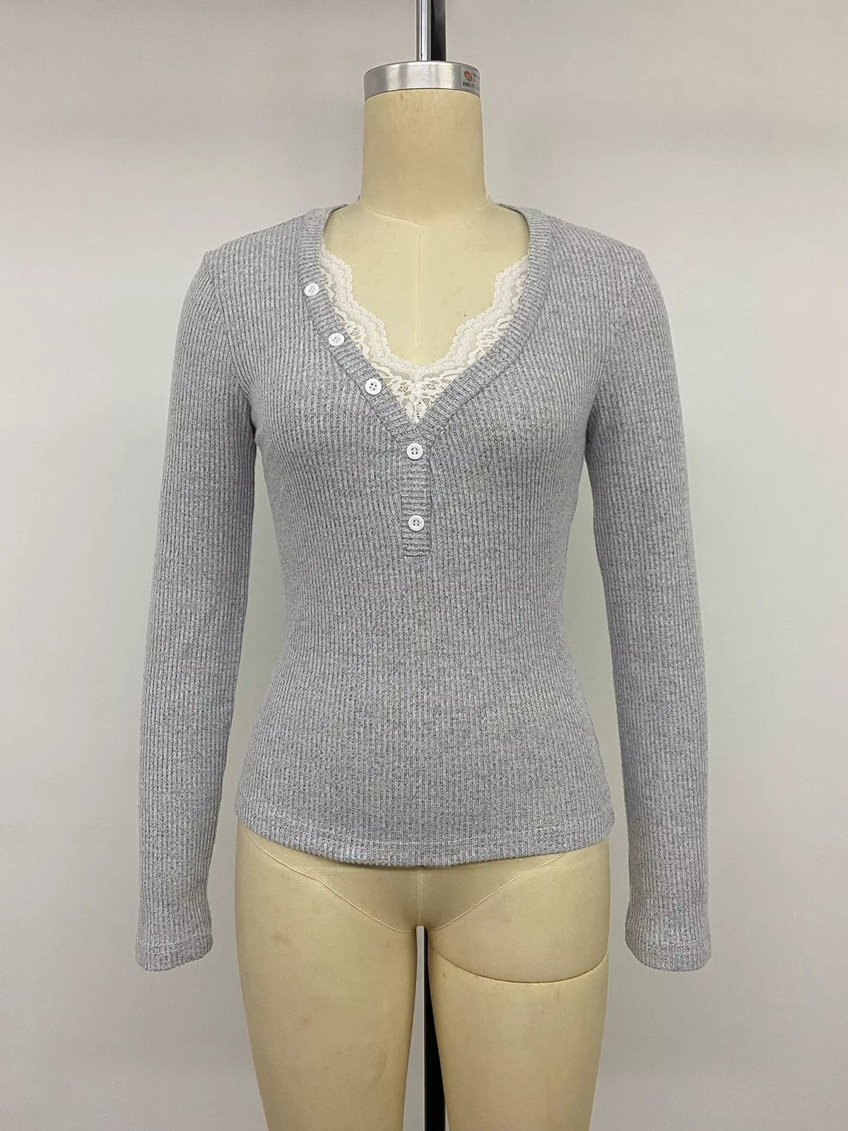 Ribbed Lace Trim Henley T-Shirt