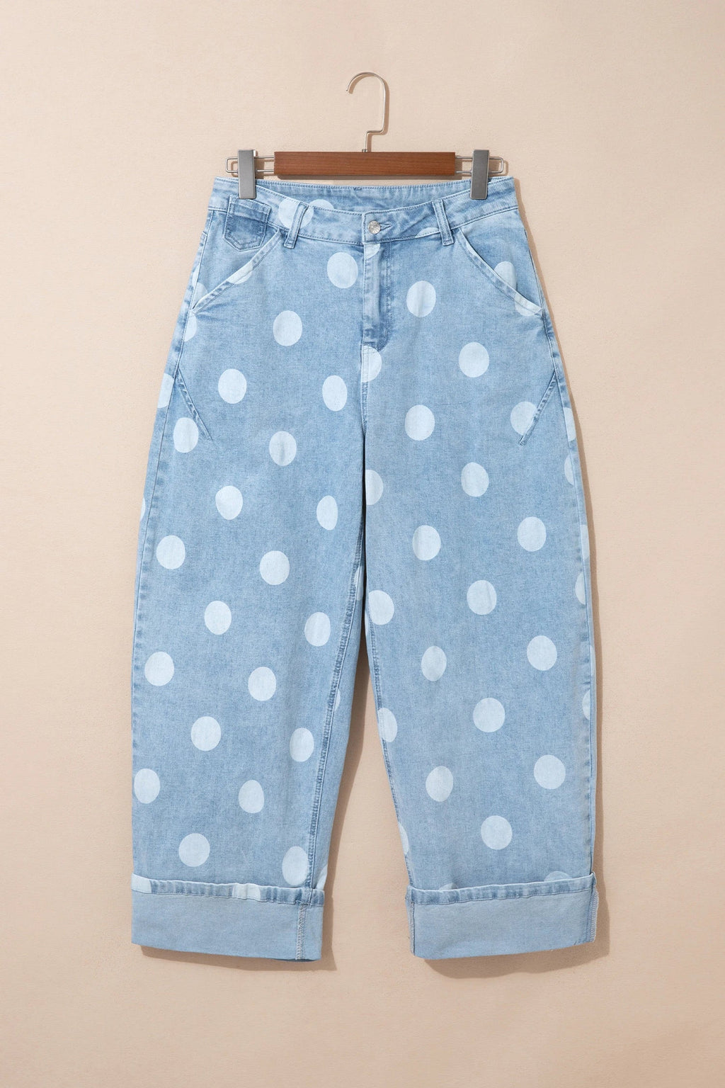 Polka Dot Denim Folded Hem High Waist Jeans