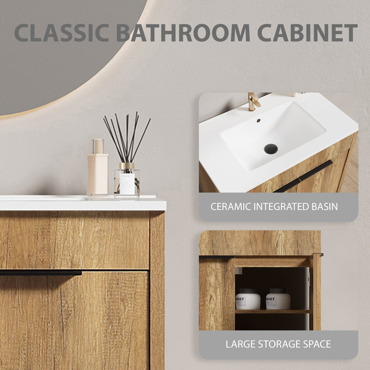 30-Inch Floor-Standing Bathroom Vanity with 3D Grooved Panel and Integrated Ceramic Sink