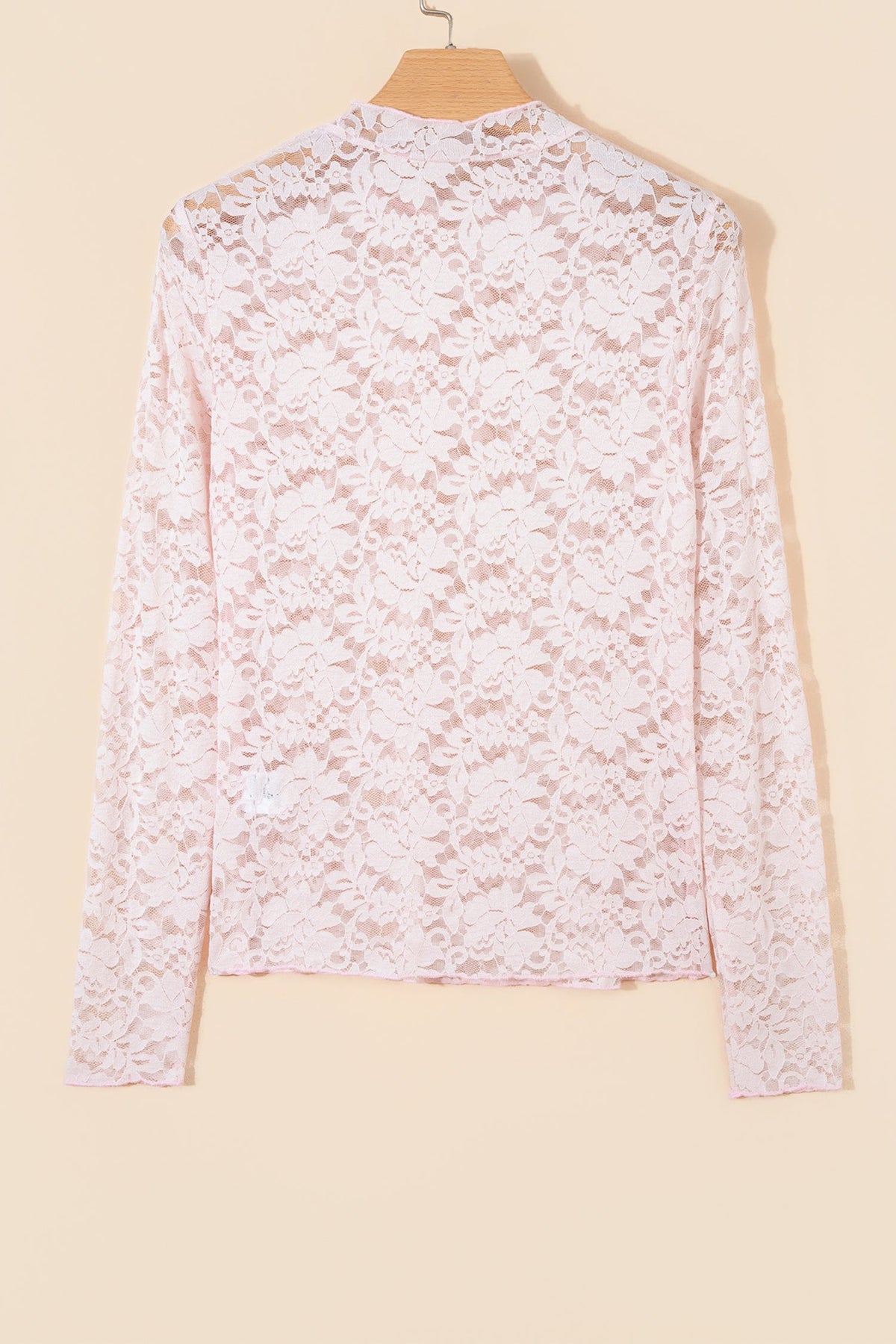 Light Pink Floral Lace Long Sleeve Stand Neck Pullover Top