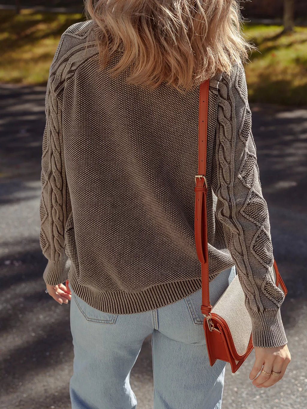 Contrast Cable Knit Sleeve Casual Sweater