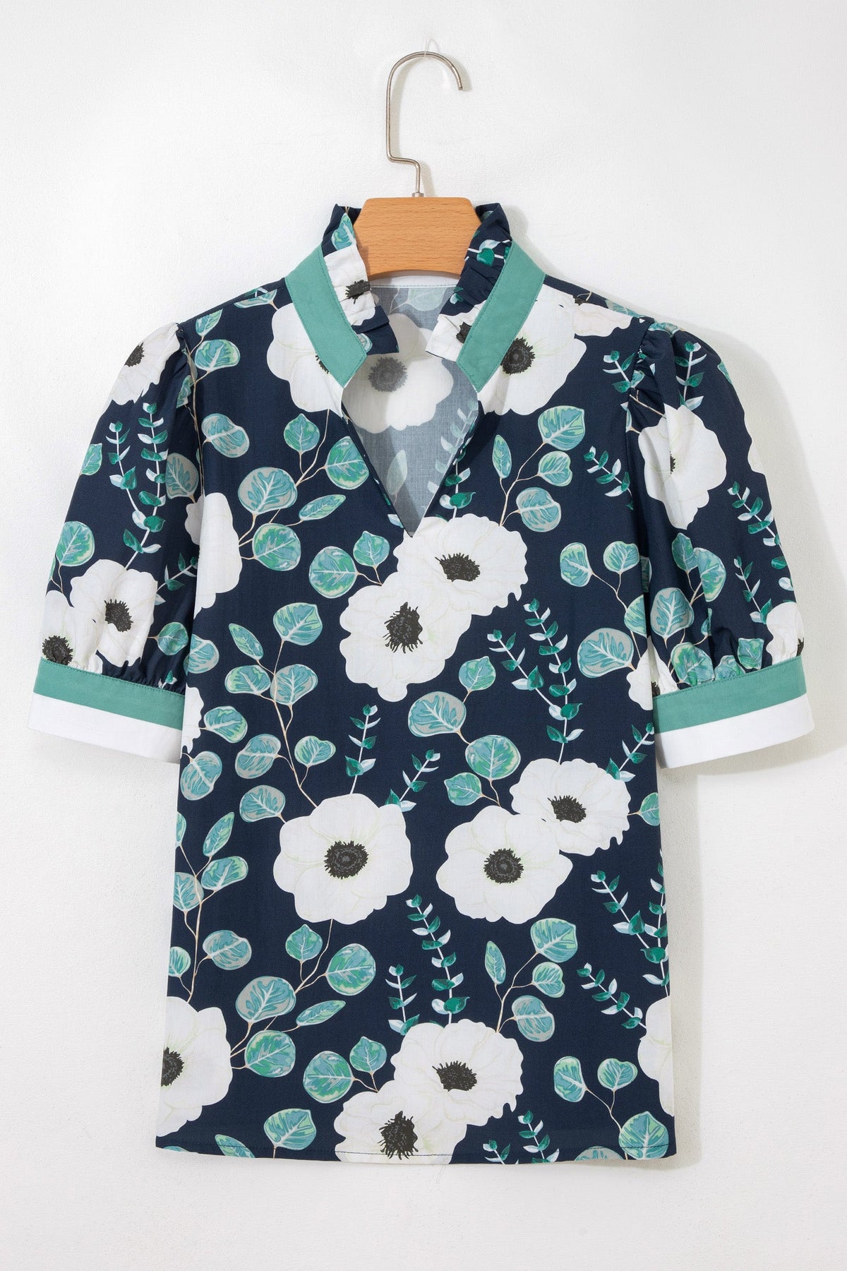 Floral Stripe Patchwork V-Neck Short Sleeve Blouse