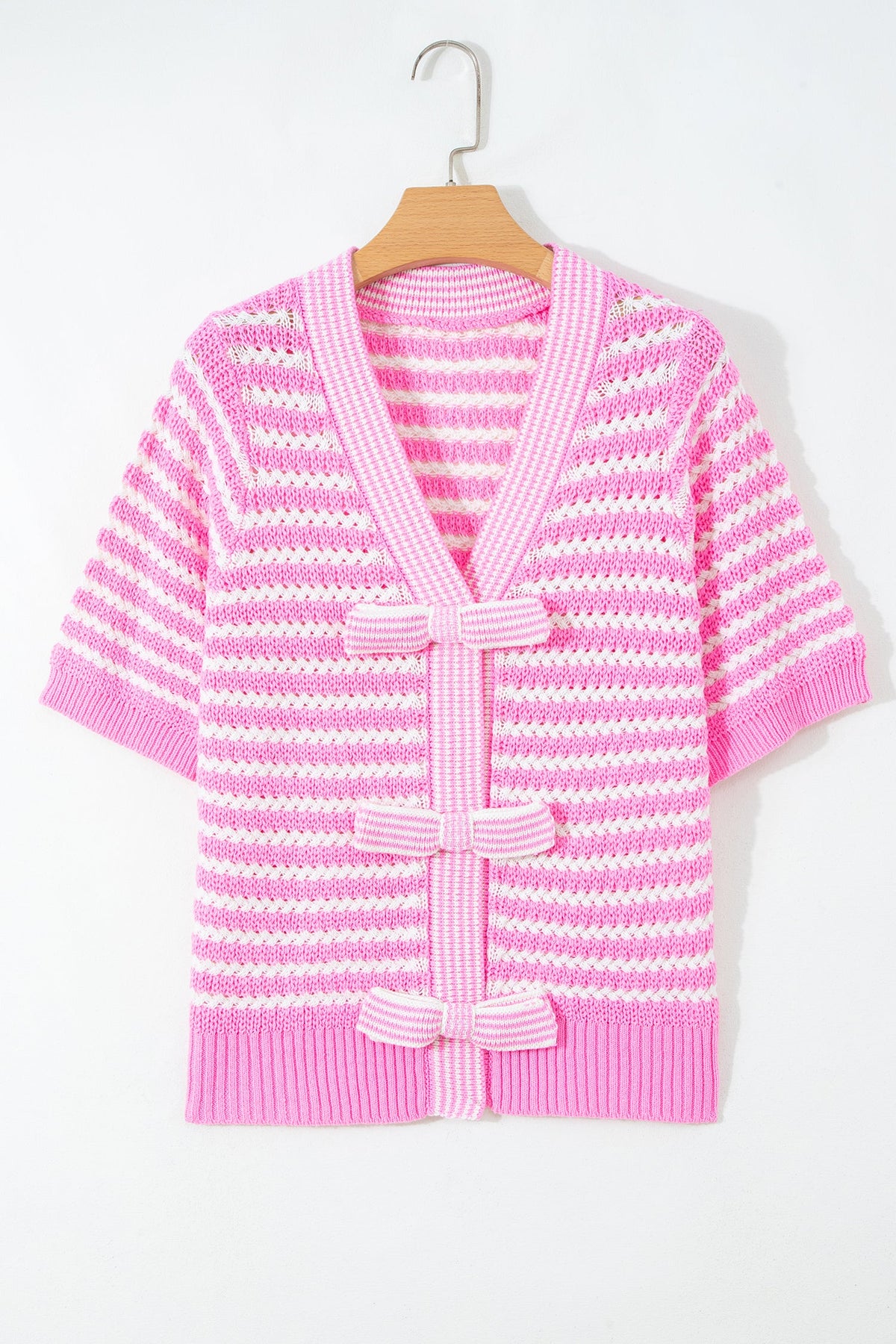 Stripe Bow Tie V-Neck Short Sleeve Sweater