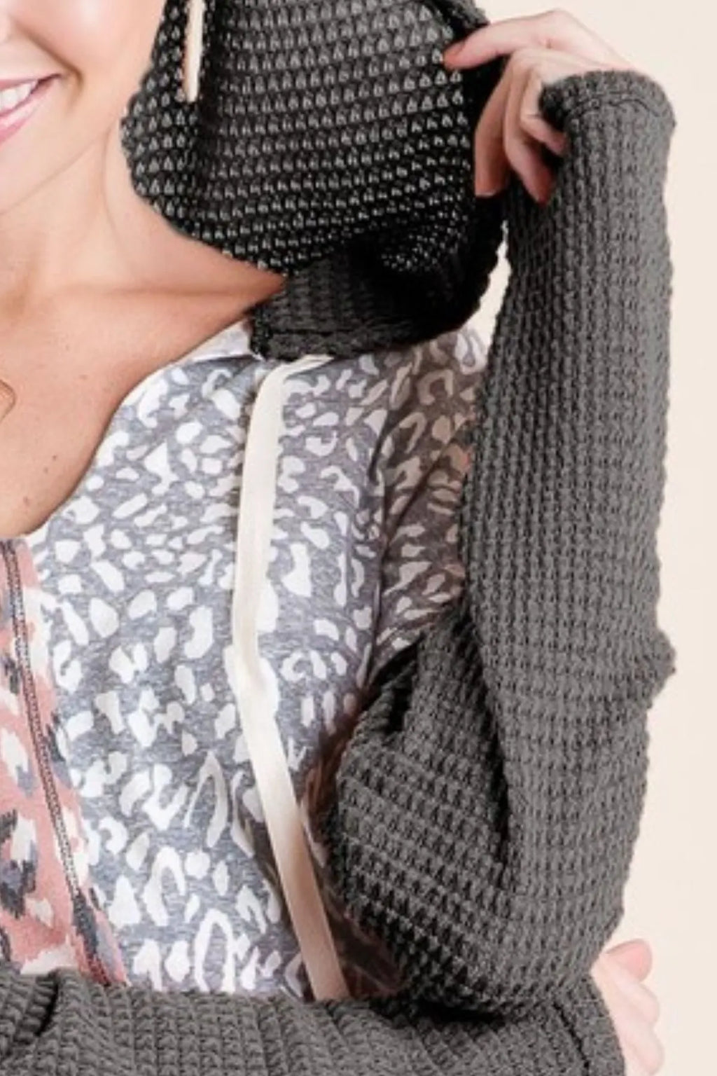 BiBi Popcorn Waffle Knit Hoodie With Print Block Front