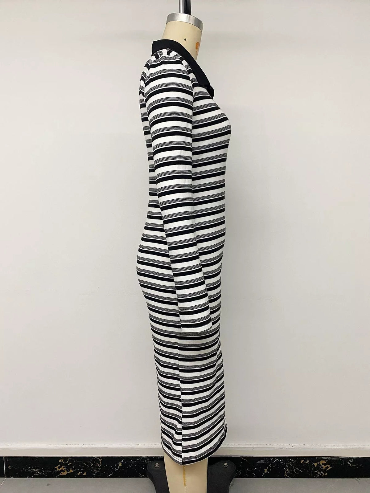 Striped Polo Collar Midi Dress