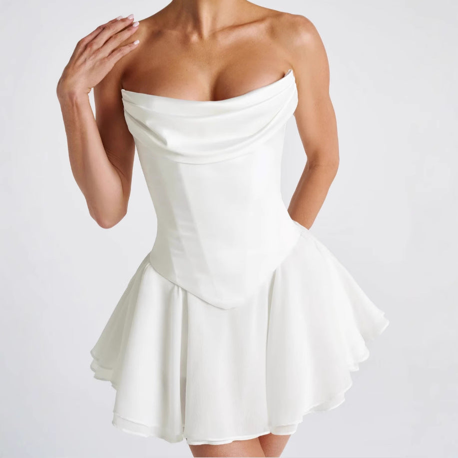French Solid Color Tube Top Dress With Sleeves
