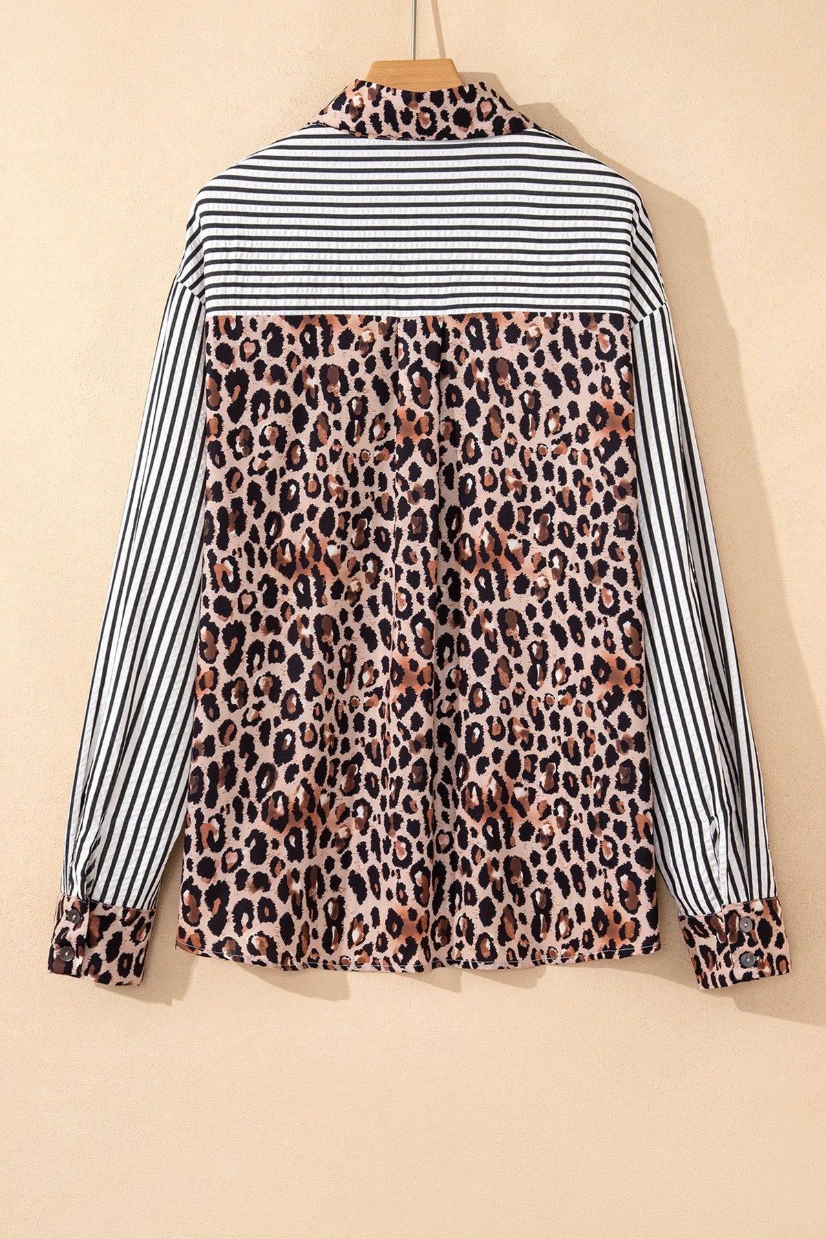 Black Striped Leopard Print Patchwork Button Up Womens Shirt