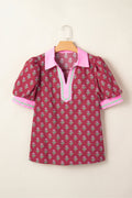 Floral Contrast Collared V-Neck Ricrac-Trim Blouse