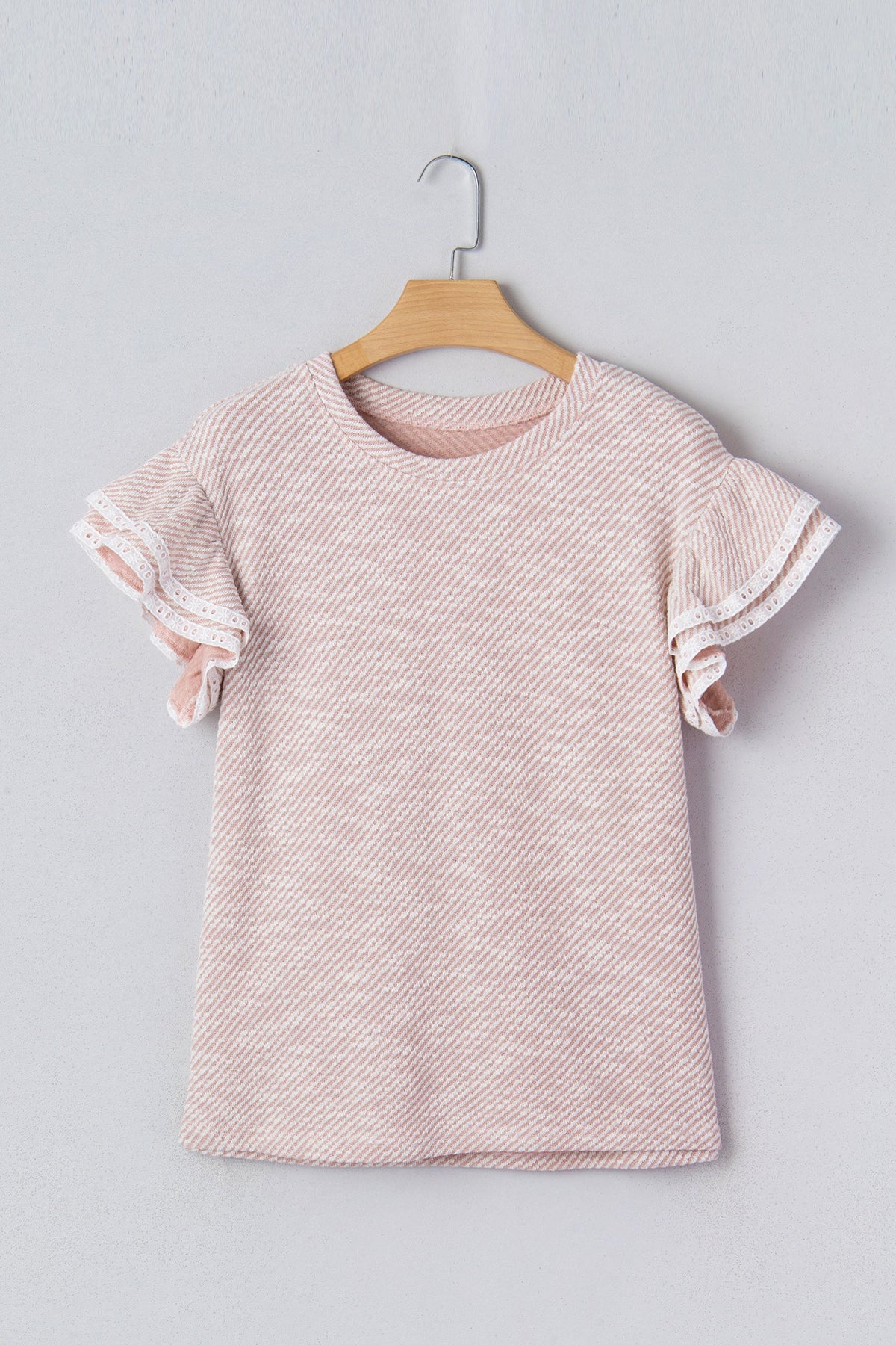 Stripe Twill Ruffle Lace Short Sleeve Blouse