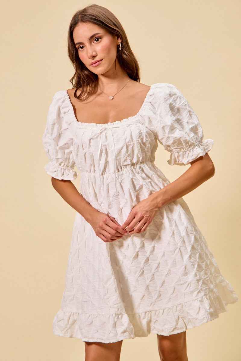 Ivory Texture Woven Ruching On Bust Mini Dress by So Me
