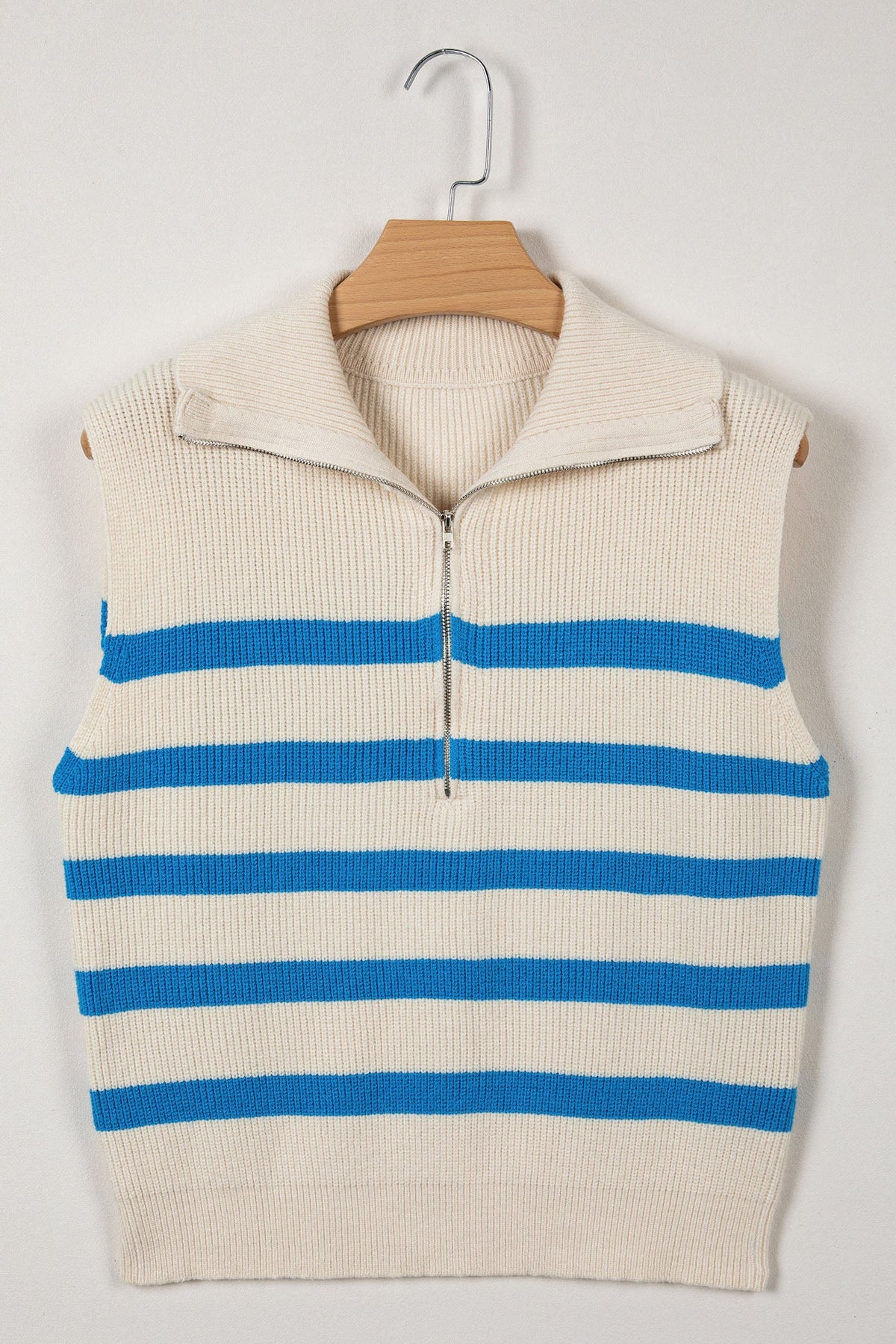 Stripe Ribbed Half-Zip Collar Sleeveless Sweater