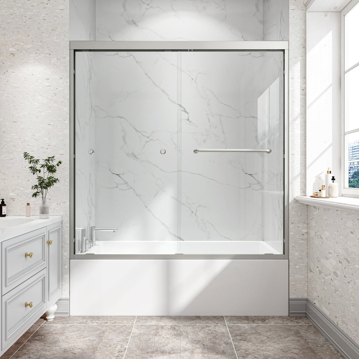 Brushed Nickel Reversible Installation Double Bypass Sliding Shower Door