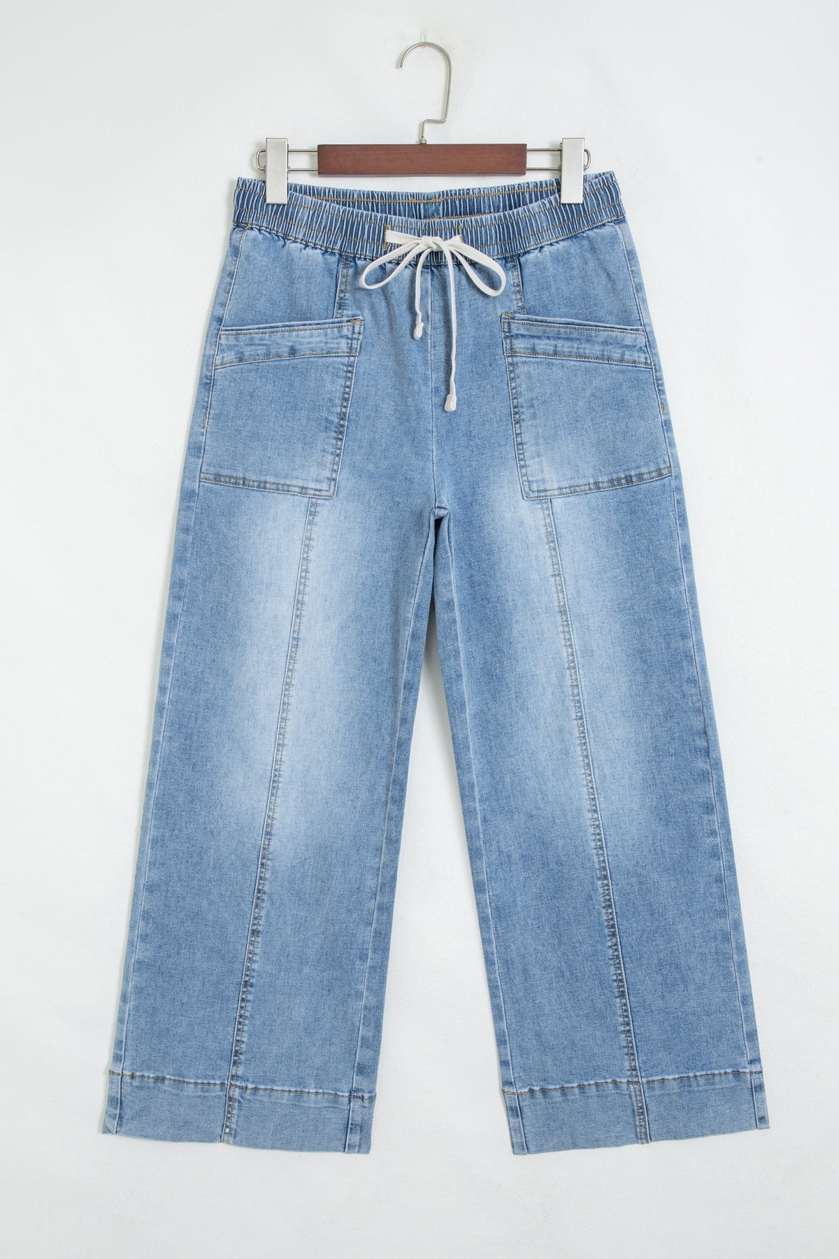 Denim Contrast Drawstring Waist Wide Leg Jeans