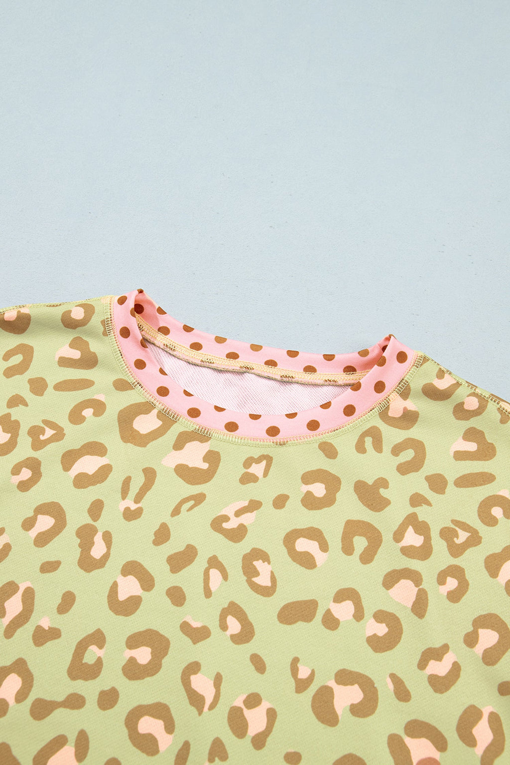 Pink Leopard Polka Dot Colorblock Trim Long Sleeve Top