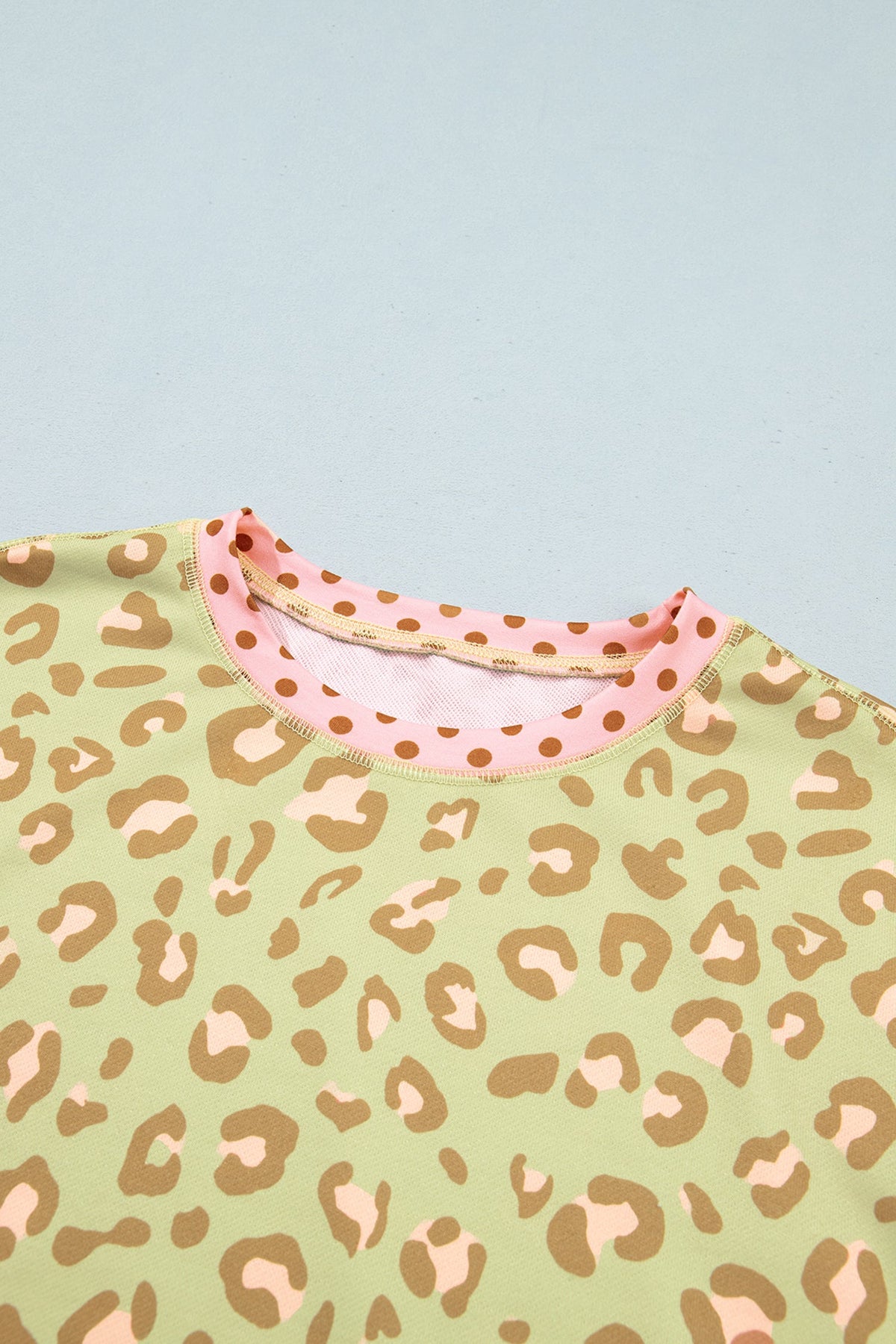 Pink Leopard Polka Dot Colorblock Trim Long Sleeve Top