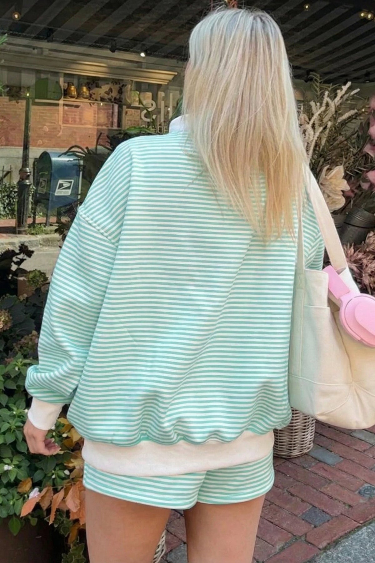 Green Stripe Oversize Mock Neck Sweatshirt and Shorts Set