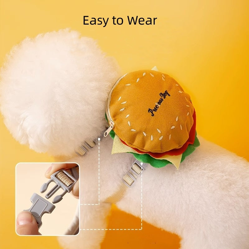 Cartoon Hamburger Chips Design Adjustable Vest Leash Rope For Cats And Dogs Walking Tow Rope With Backpack Escape Proof Vest