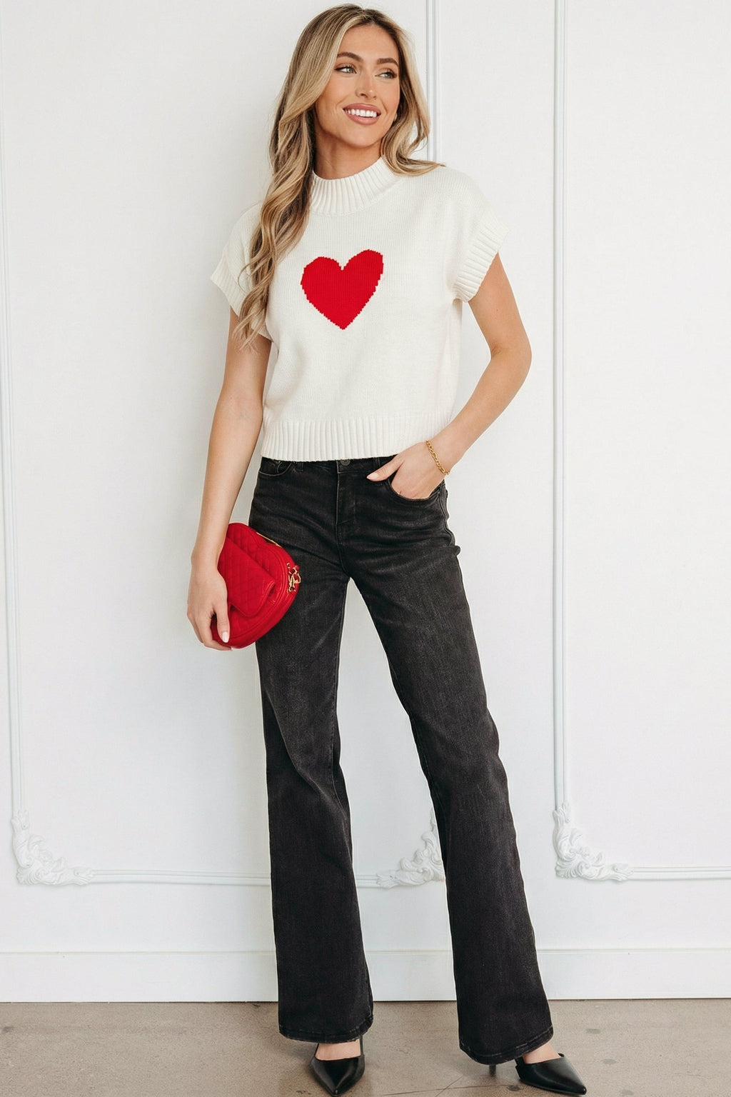 Heart Graphic Cropped Short Sleeve Sweater