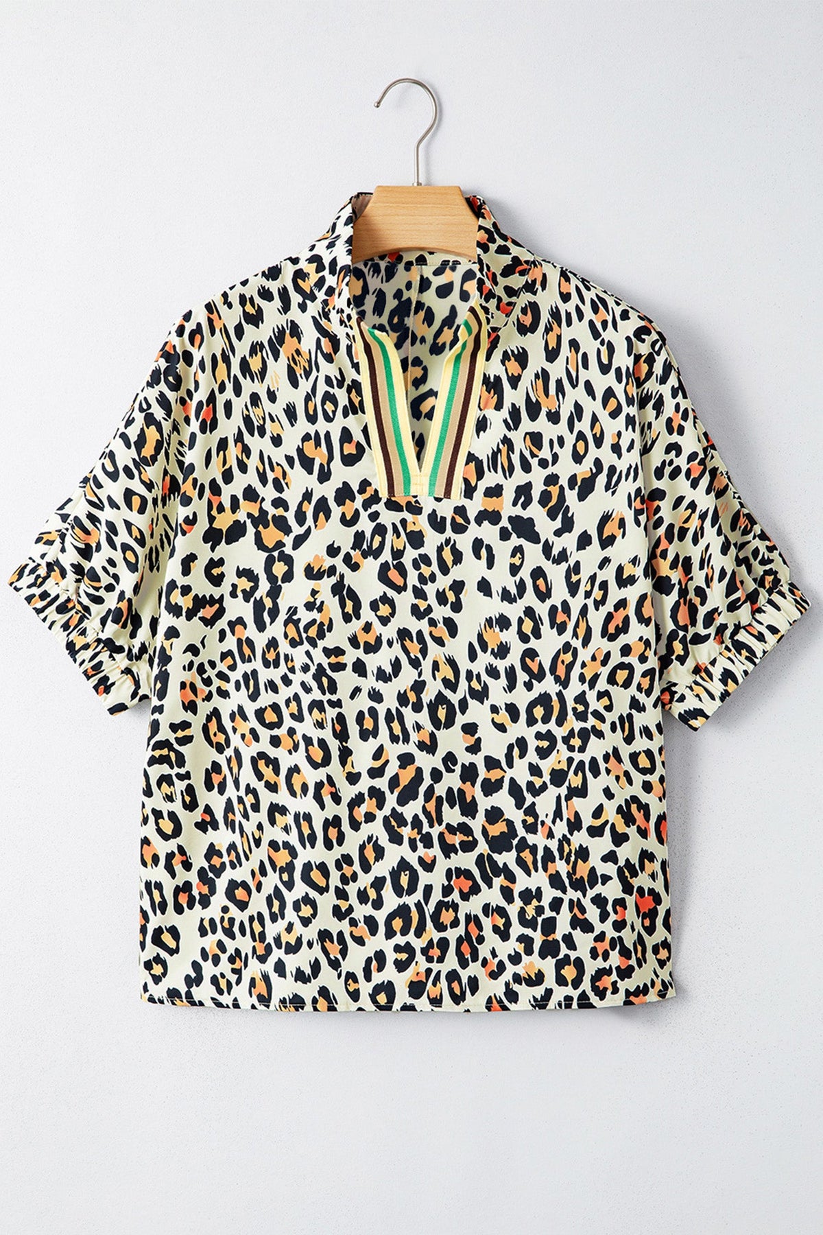 Leopard Colorblock Contrast V-Neck Short Sleeve Blouse