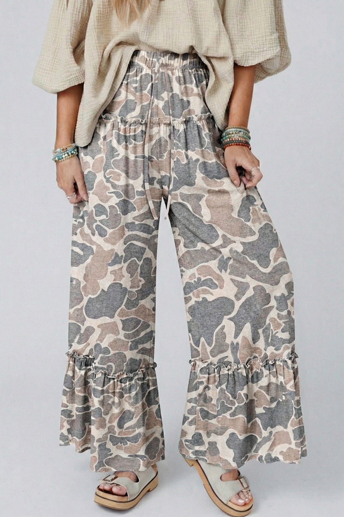 Multicolour Camo Print Wide Leg Casual Pants
