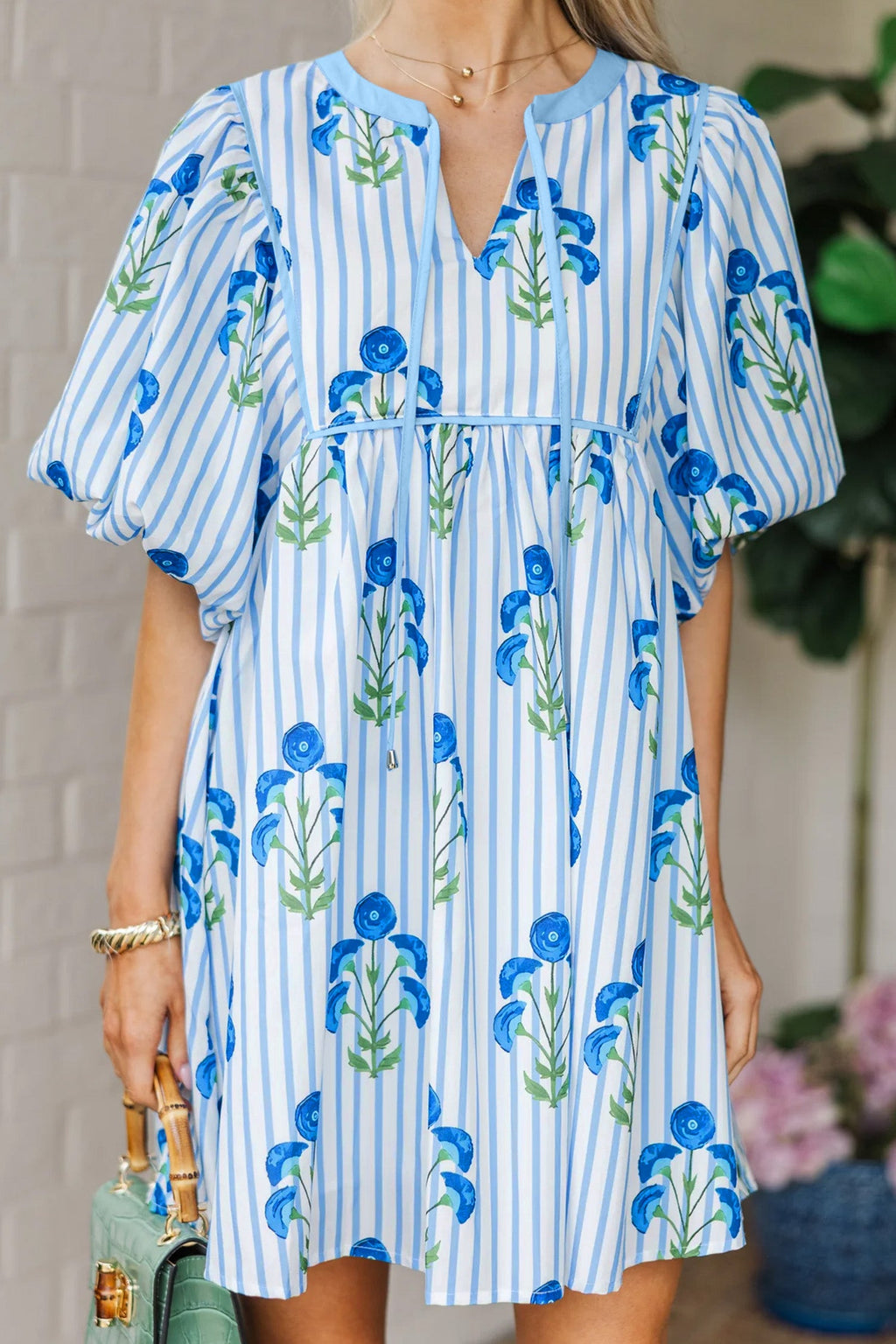 Floral Stripe Tie Notch Puff Sleeve Dress
