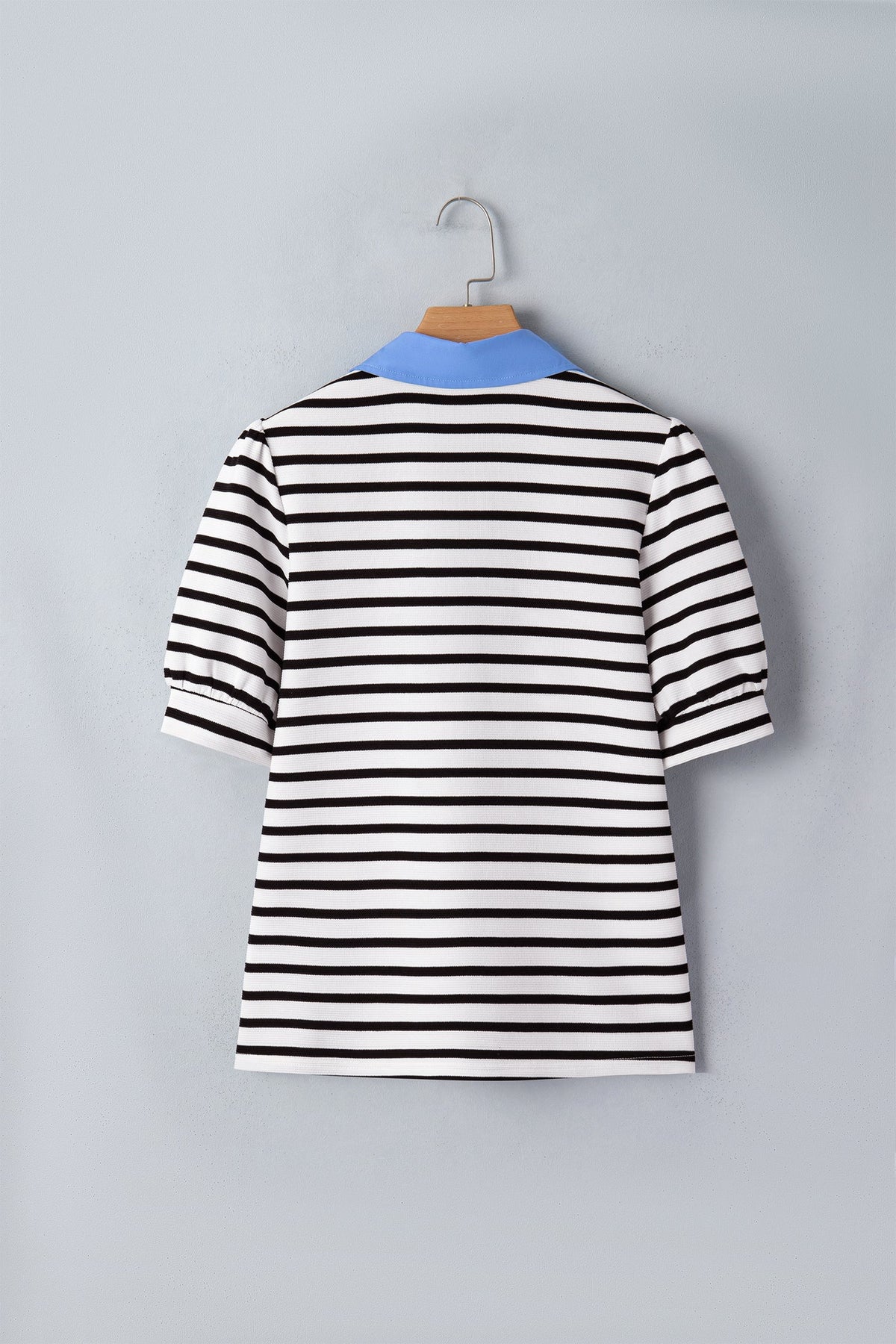 Stripe Colorblock Puff Sleeve Polo Collar Blouse