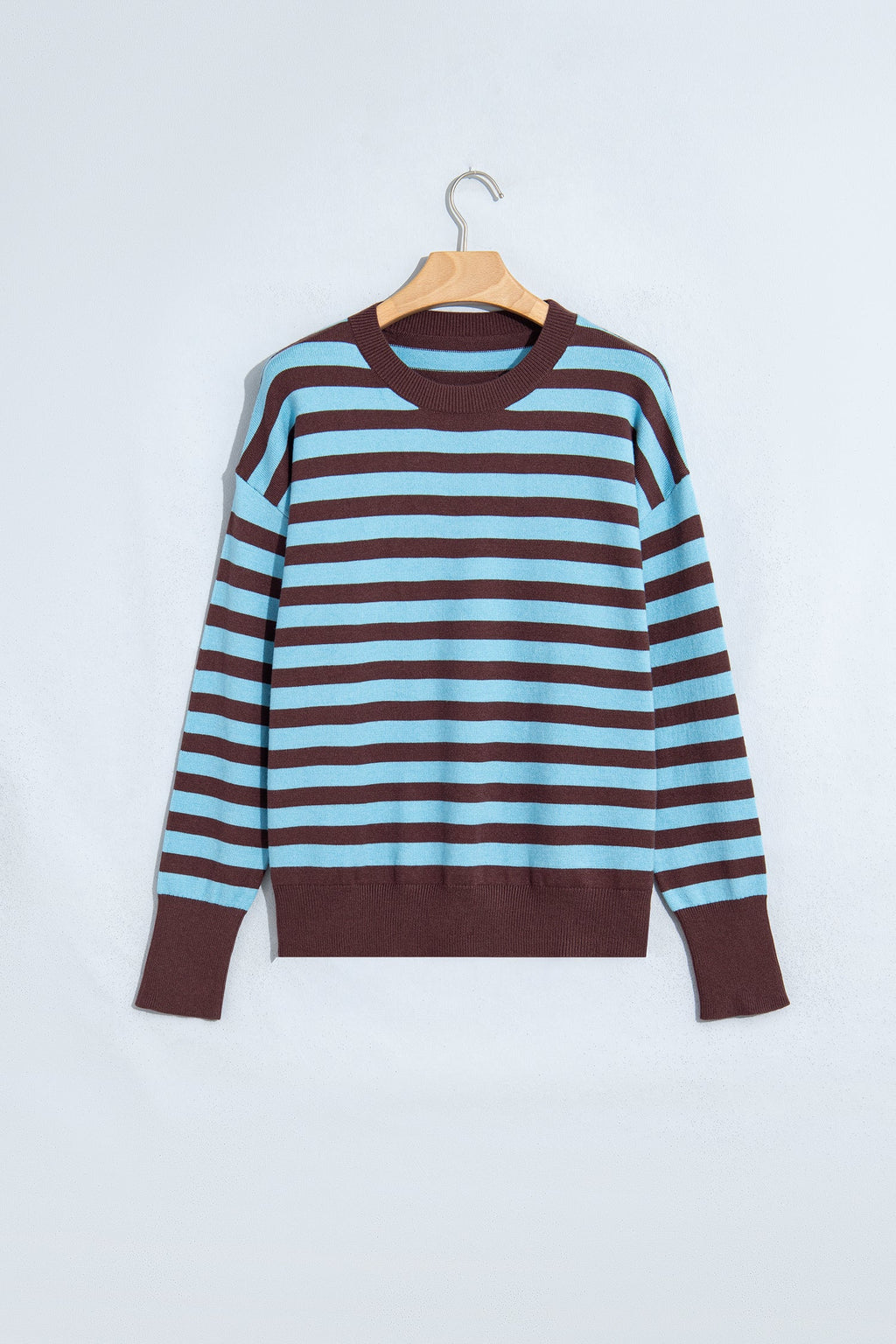 Brown Stripe Color Block Loose Crew Neck Cuffed Sweater