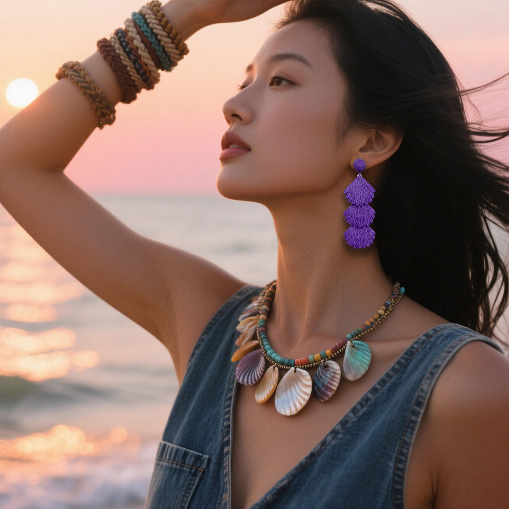 Raffia Dangle Earrings for Women - Boho Statement Rattan Drop Jewelry with Shell Design, Lightweight Summer Beach Trendy Accessories