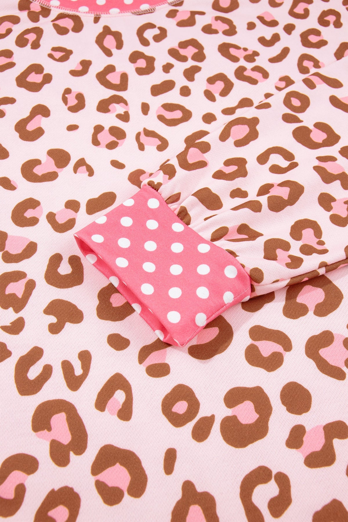 Pink Leopard Polka Dot Colorblock Trim Long Sleeve Top
