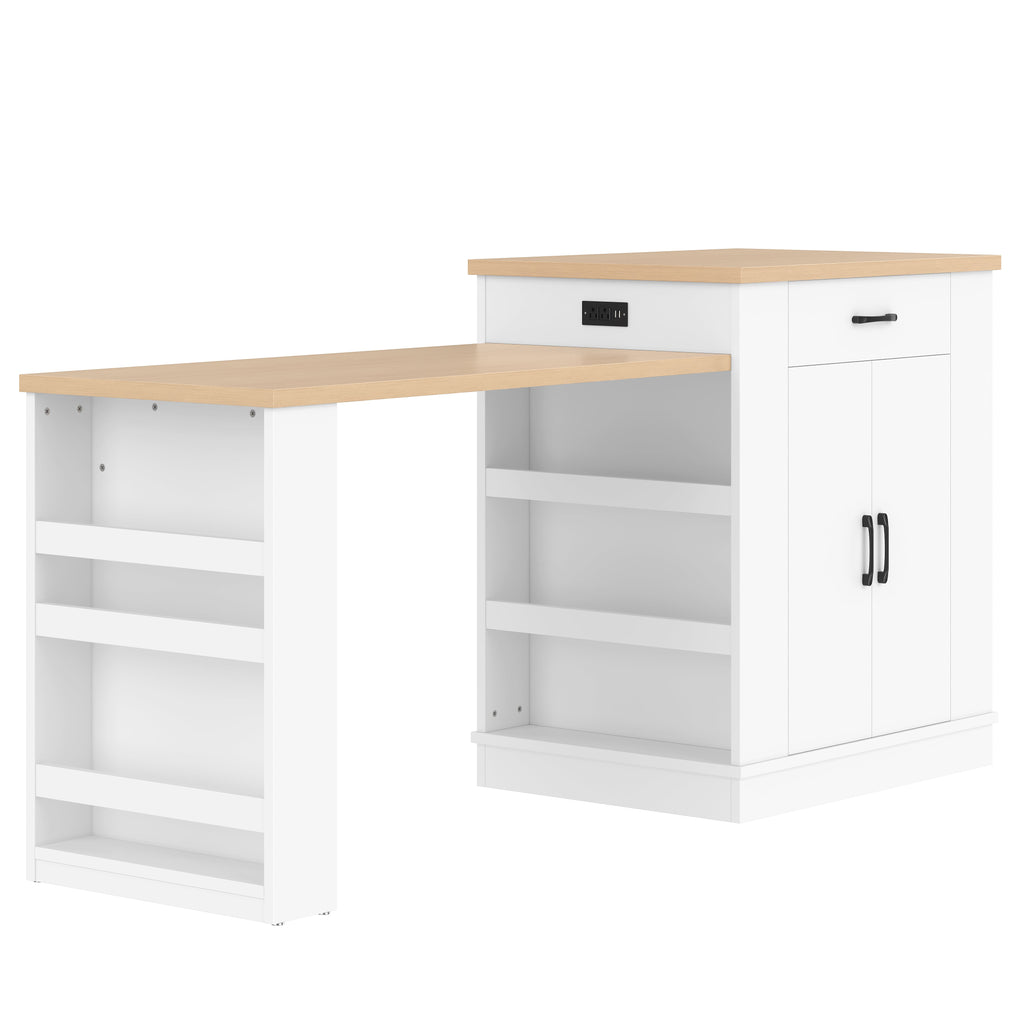 Extendable Island Console with Drawers, Double-Door Cabinet & Open Shelving