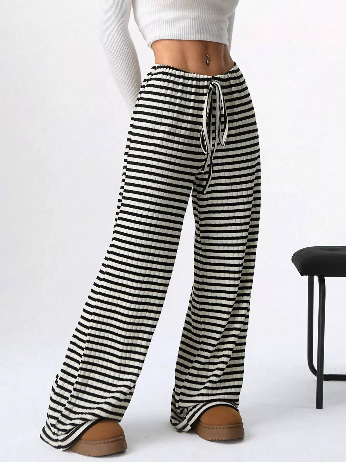 Striped Ribbed Knit Drawstring Waist Wide Leg Pants