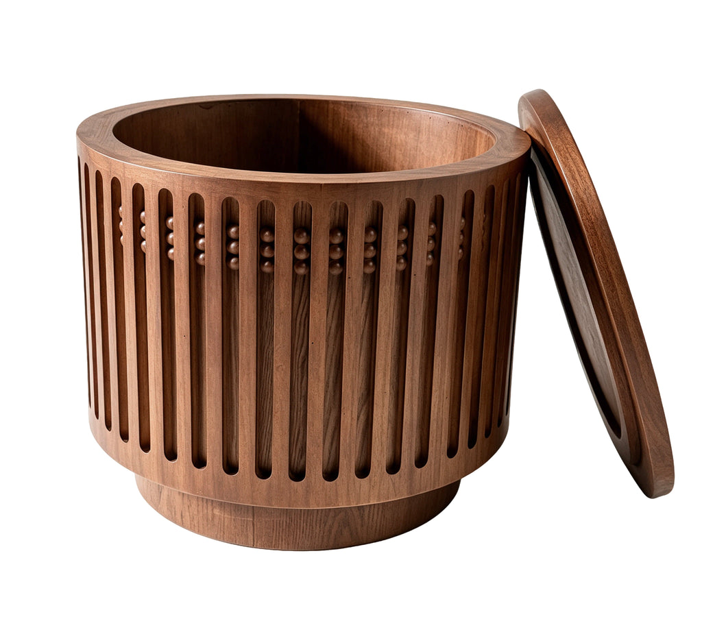 18.9" Round Wooden Side Table with Cylinder Lattice Design