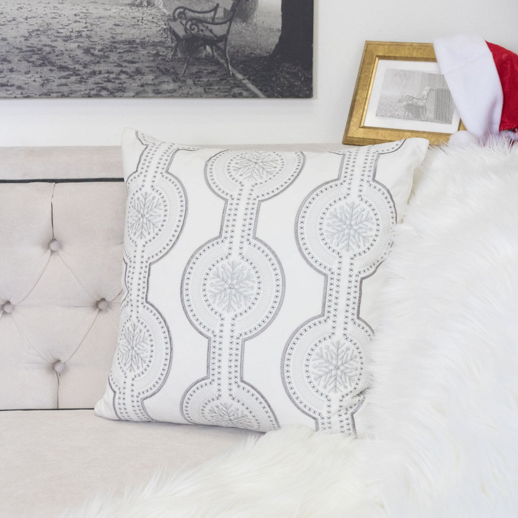 White Holiday Embroidered Velvet Throw Pillow with Insert