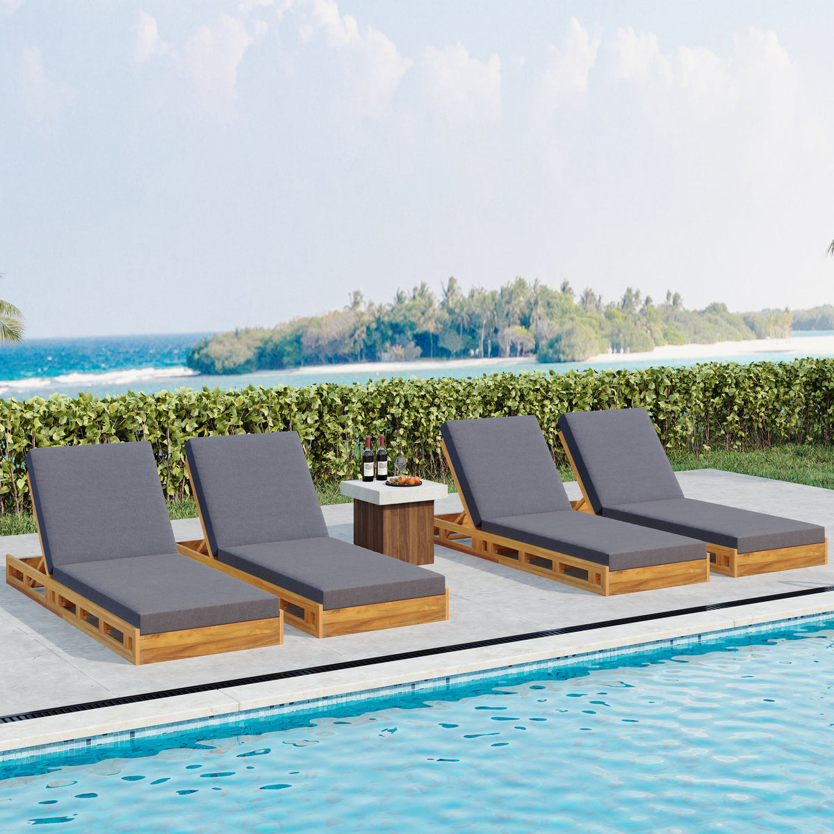 Lounge Chaise Set, Acacia Wood with Water-Resistant Lounge Cushions