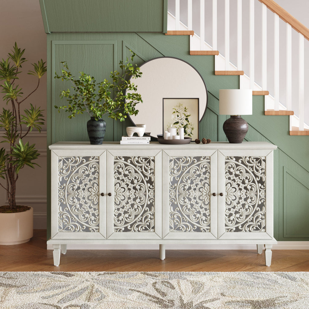 60" Antique Buffet Cabinet with Floral Carvings
