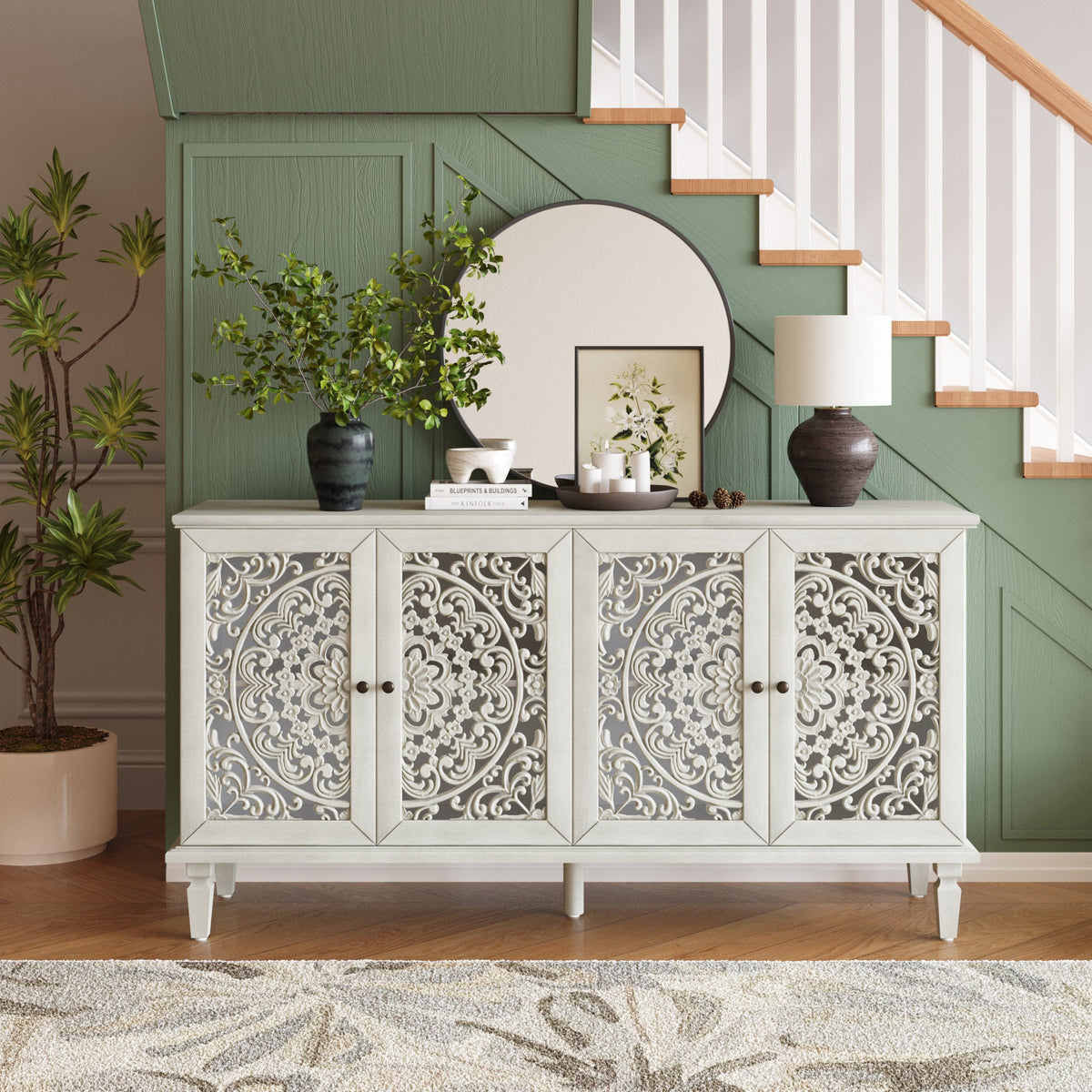 60" Antique Buffet Cabinet with Floral Carvings