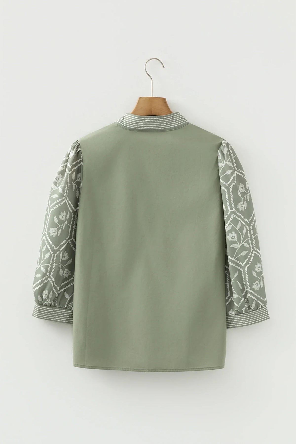 Floral Patchwork Contrast V-Neck Puff Sleeve Blouse