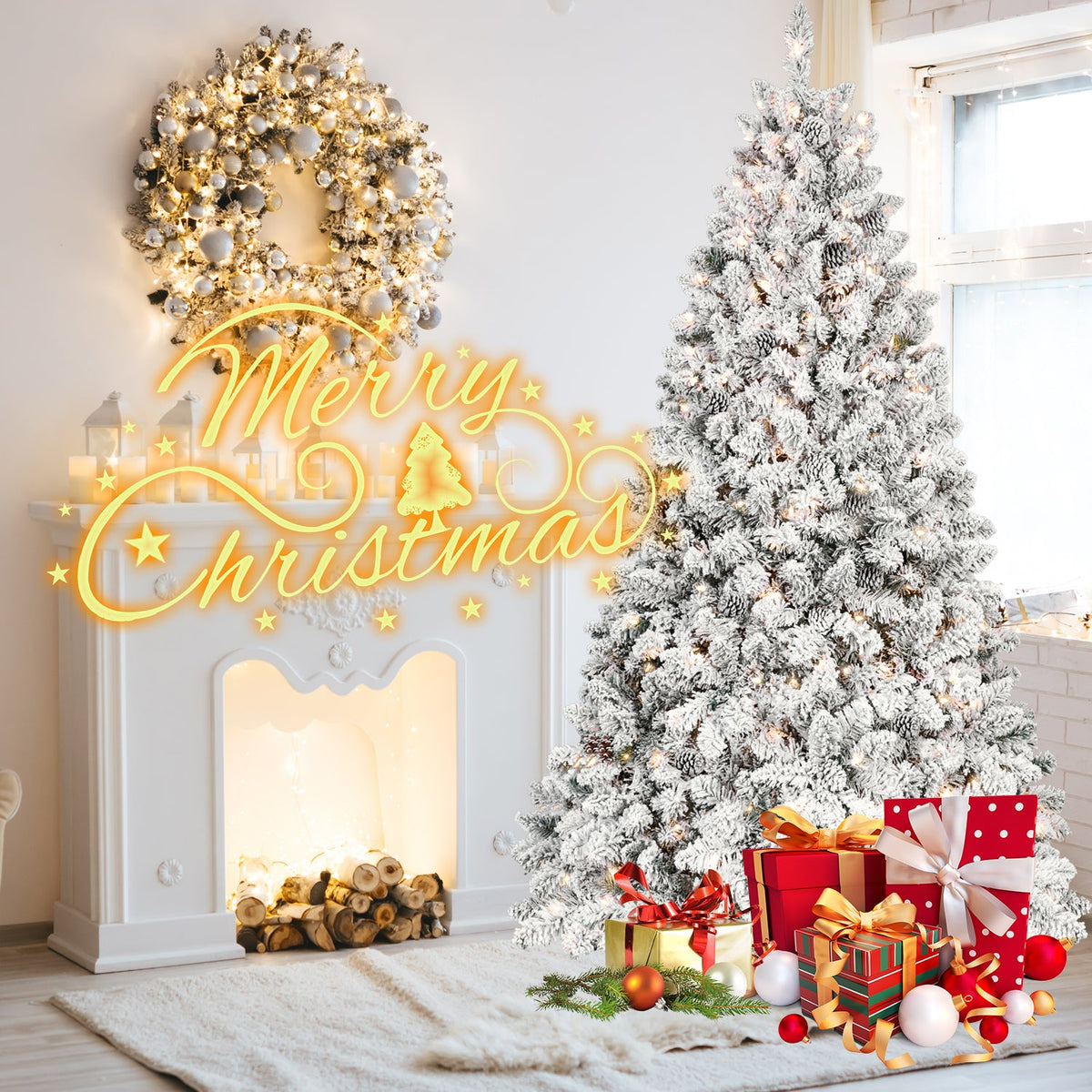 7.5FT Flocked Christmas Tree with 550 UL Lights and Pine Cones