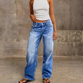 Womens Washed Blue Wide-Leg Denim Jeans American-Style High Waist