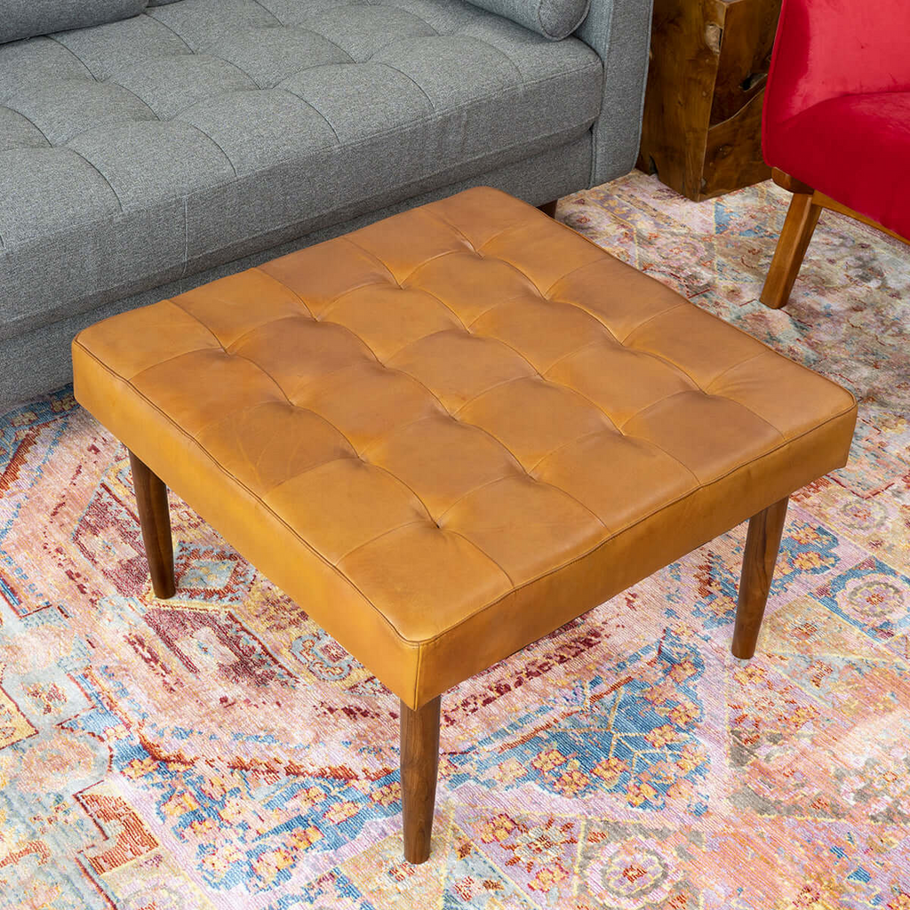 Mark Mid-Century Tufted Square Genuine Leather Upholstered Ottoman