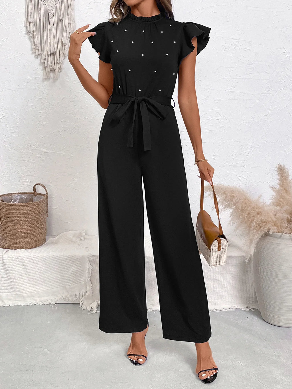 Pearl Detail Ruffled Cap Sleeve Jumpsuit