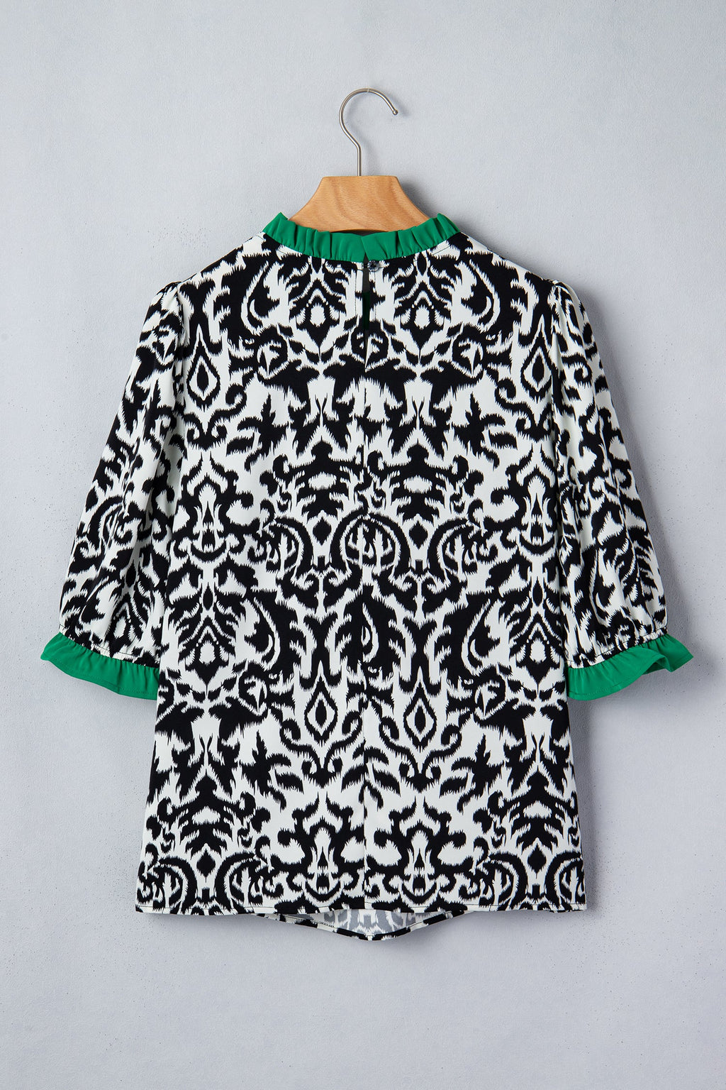 Abstract Damask Colorblock Ruffle 3/4 Sleeve Blouse