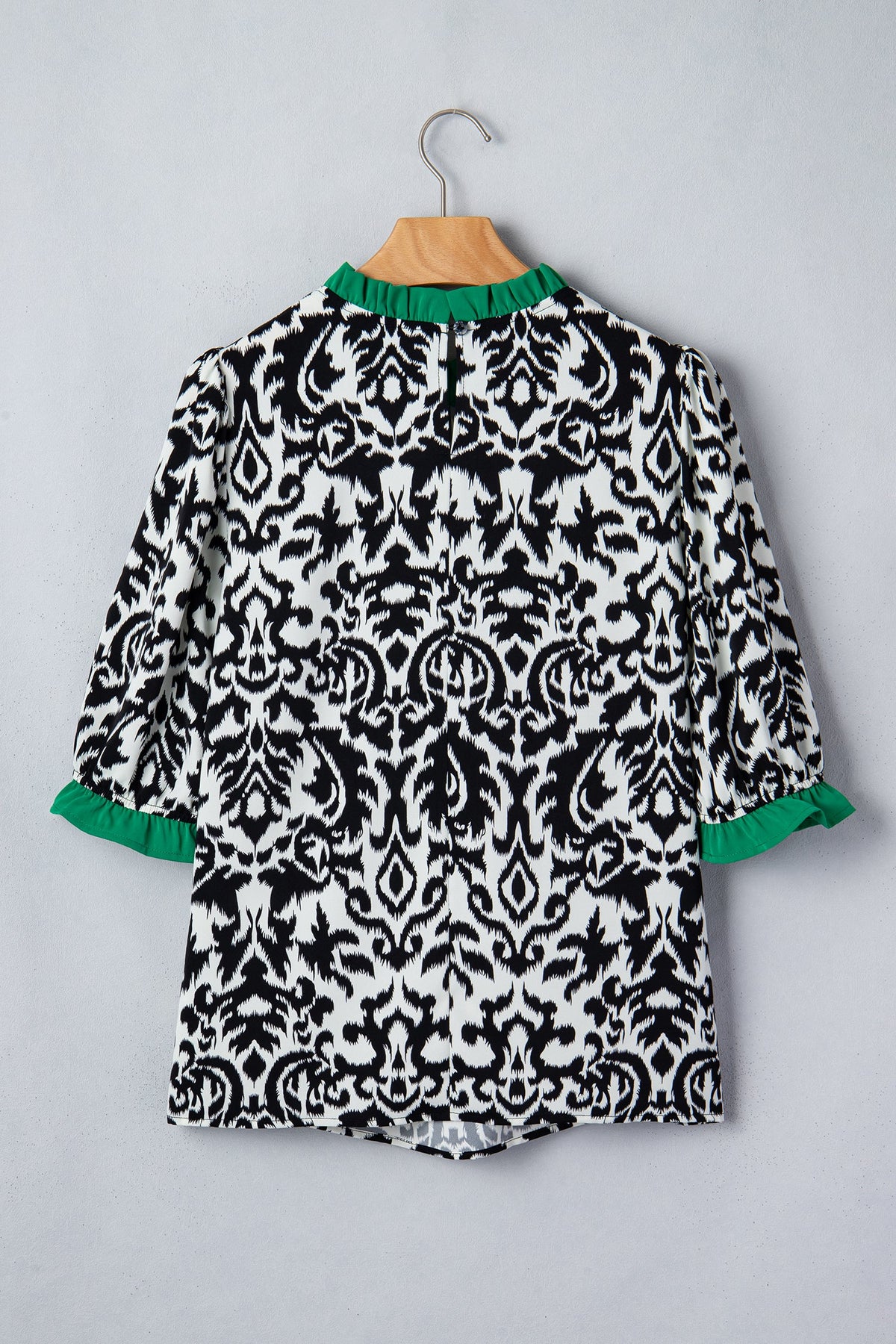 Abstract Damask Colorblock Ruffle 3/4 Sleeve Blouse