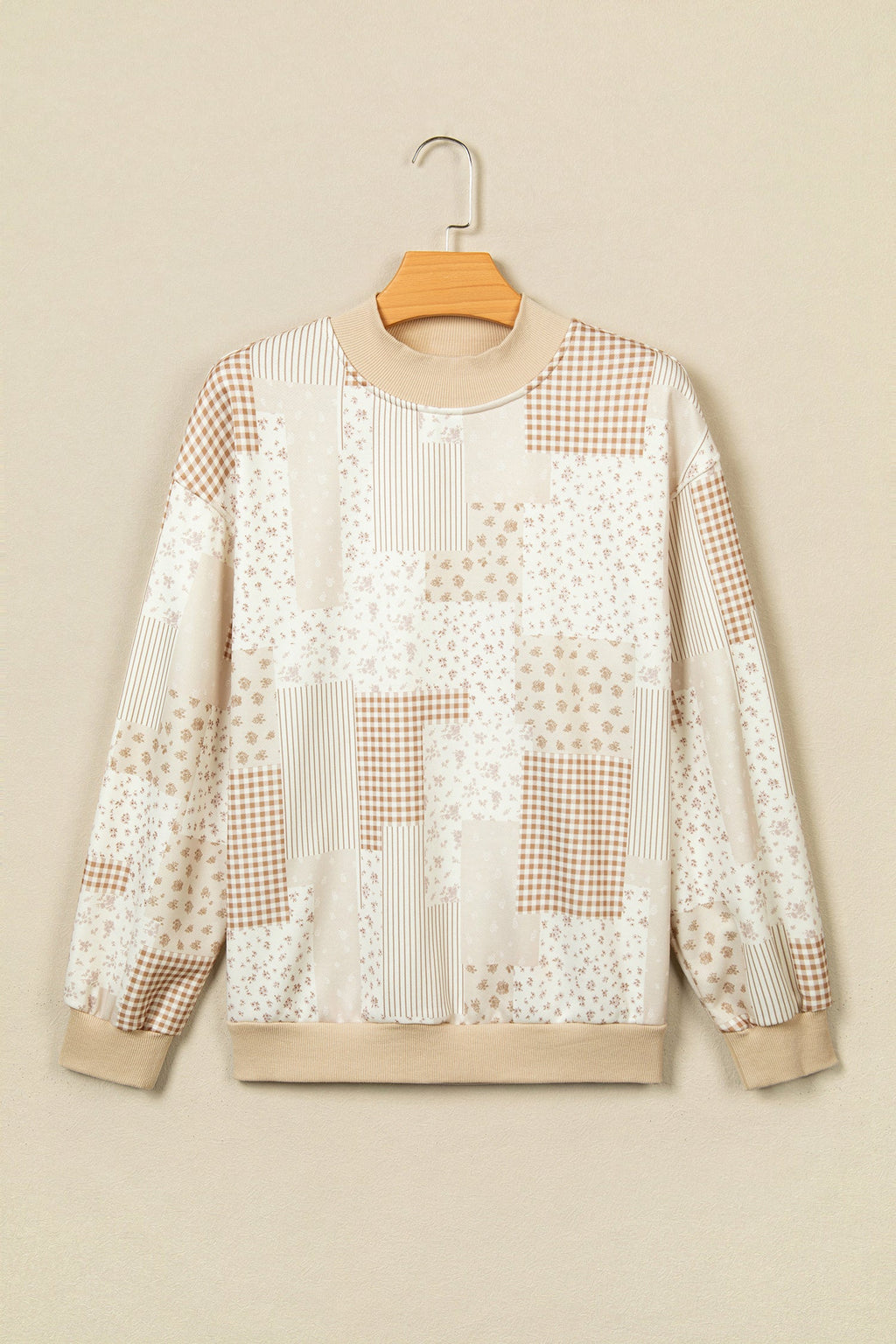 Sky Blue Patchwork Floral Print Mock Neck Long Sleeve Sweatshirt