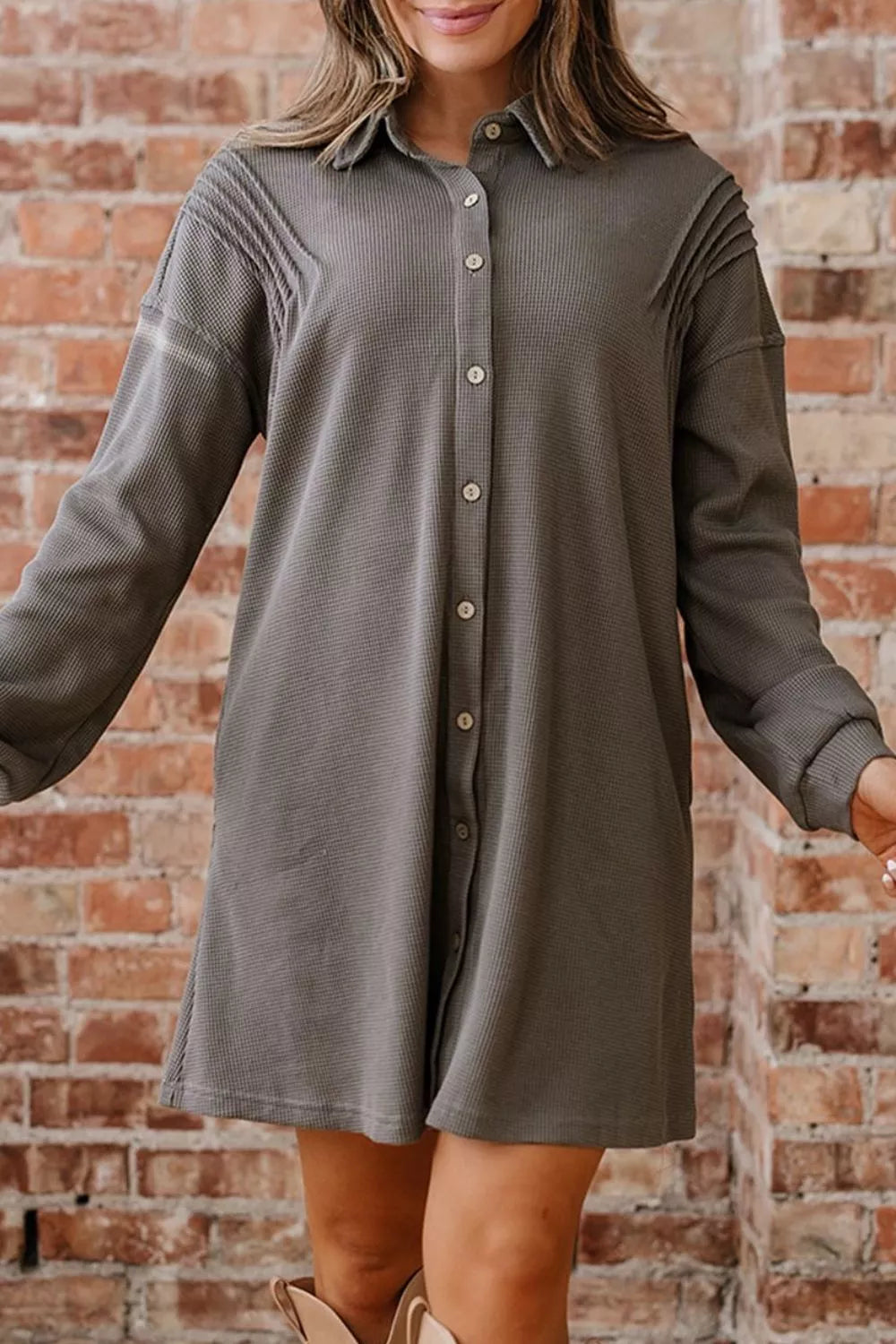Waffle Knit Shirt Tunic Dress