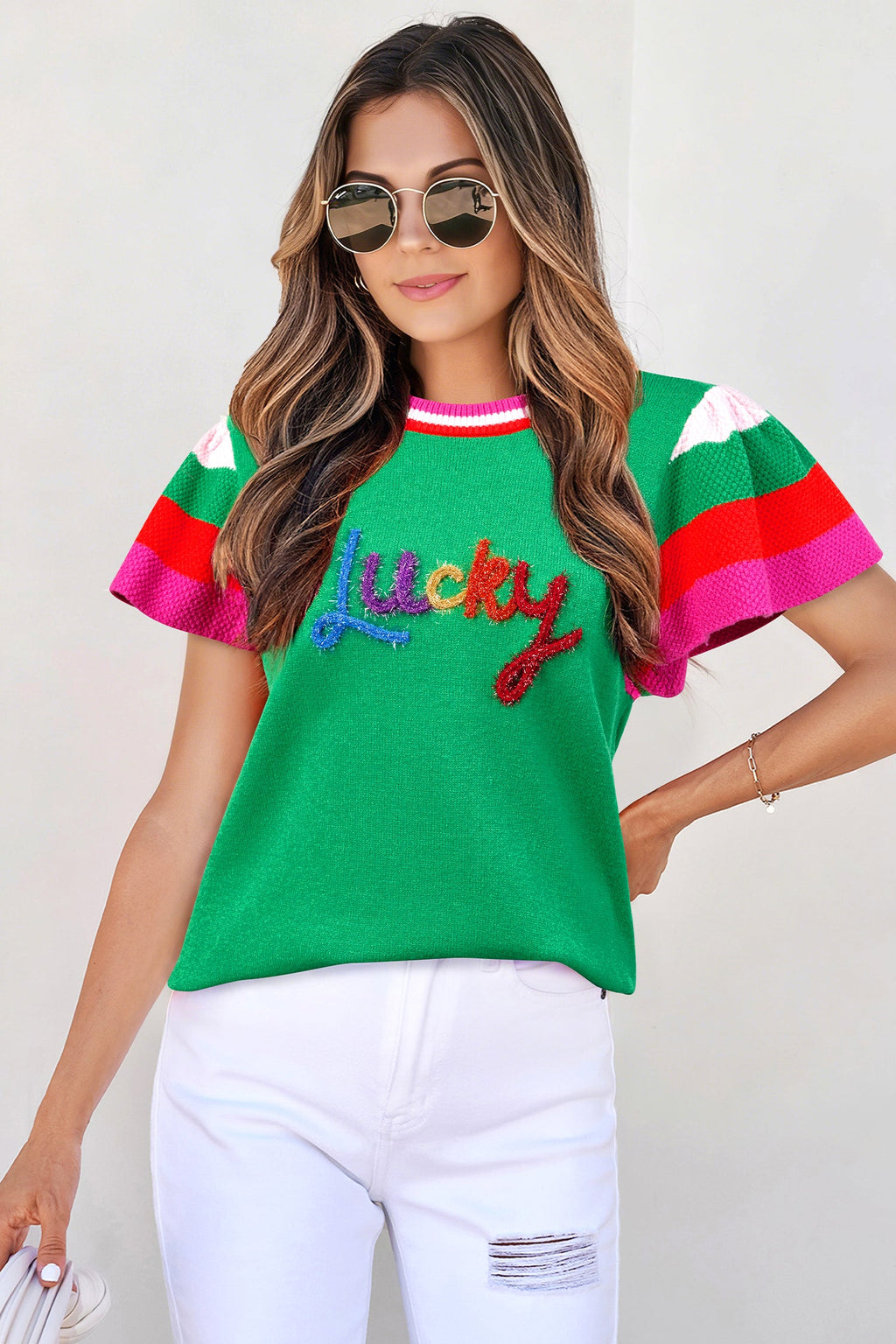 Lucky Stripe Flutter Sleeve Round Neck Sweater