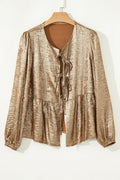 Metallic Tied Front Long Sleeve Babydoll Blouse