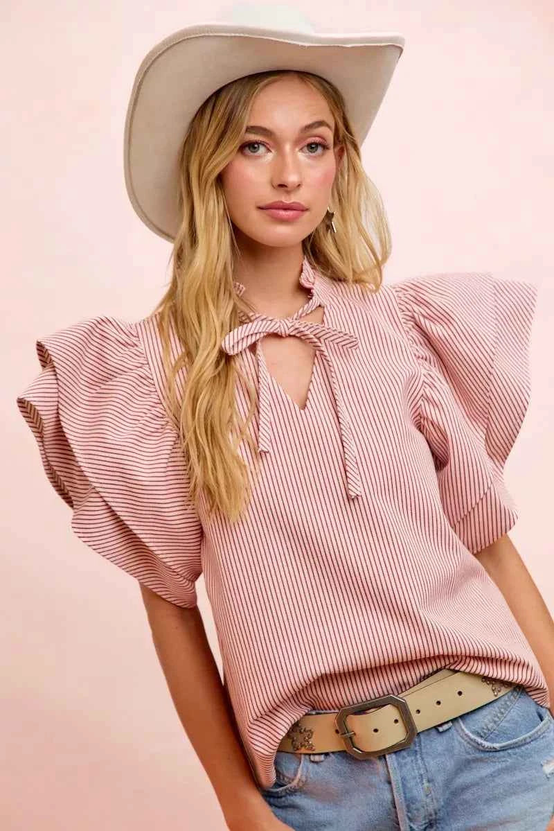 Red Twill Striped Ruffle Sleeve Blouse by BiBi