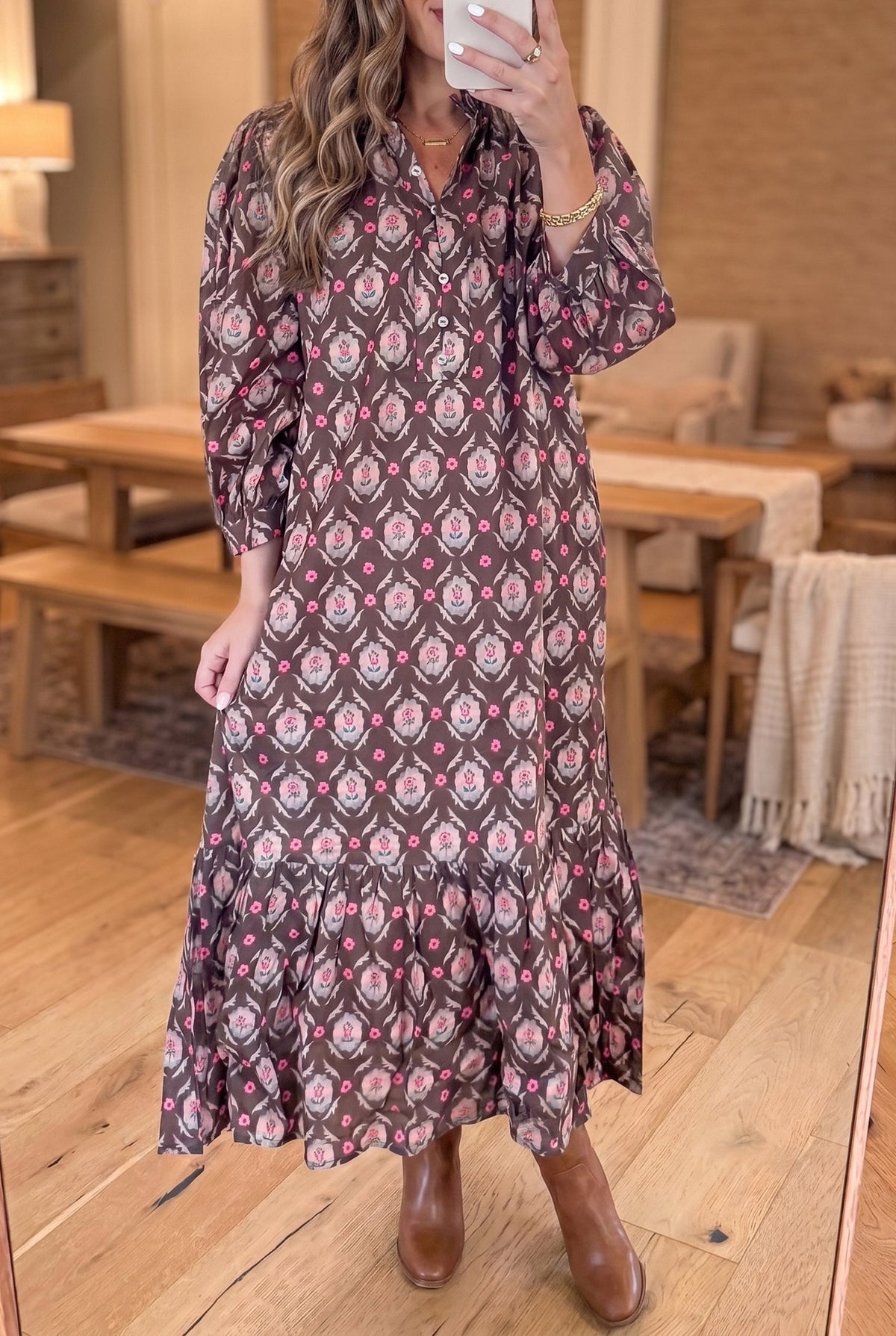 Brown Floral Print Button Front Ruffle Hem Midi Dress