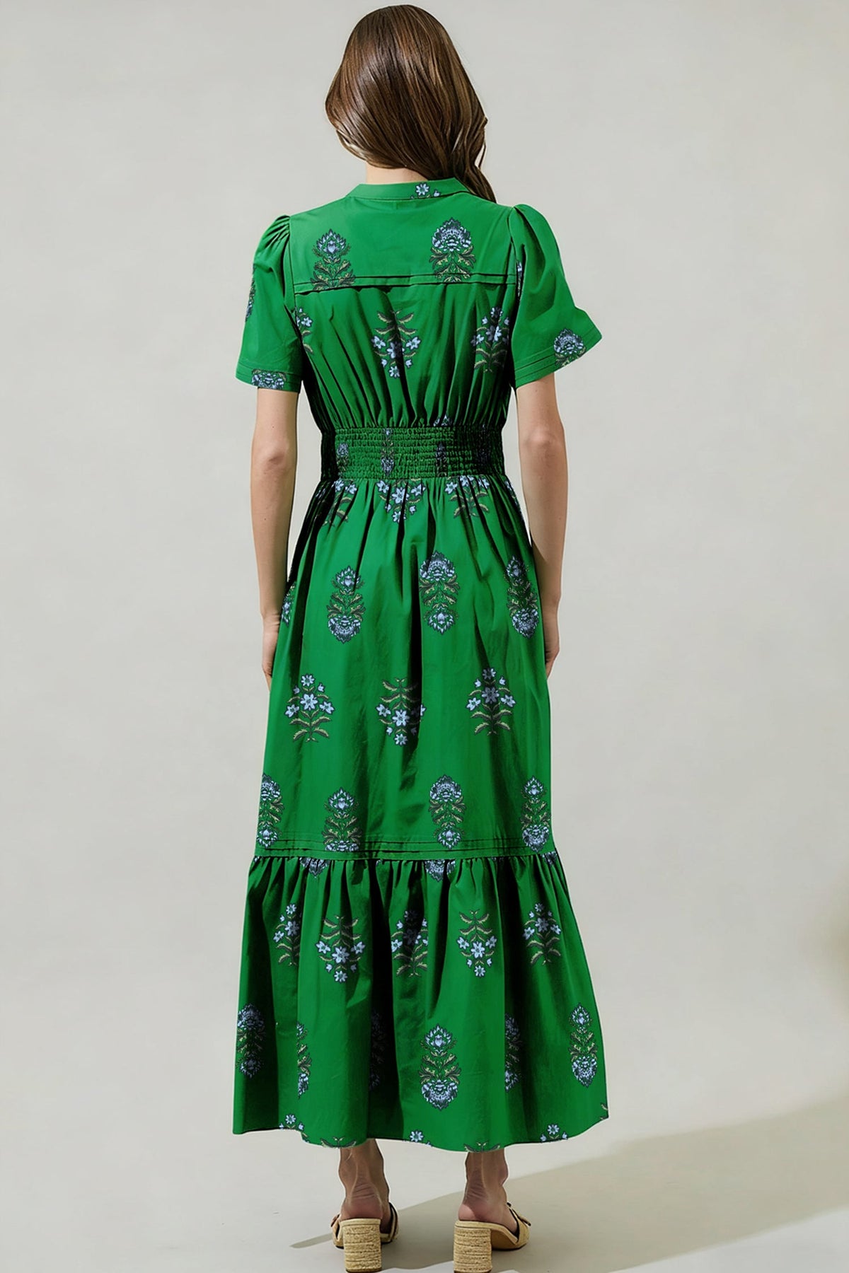 Floral Split Neck Shirred High Waist Maxi Dress